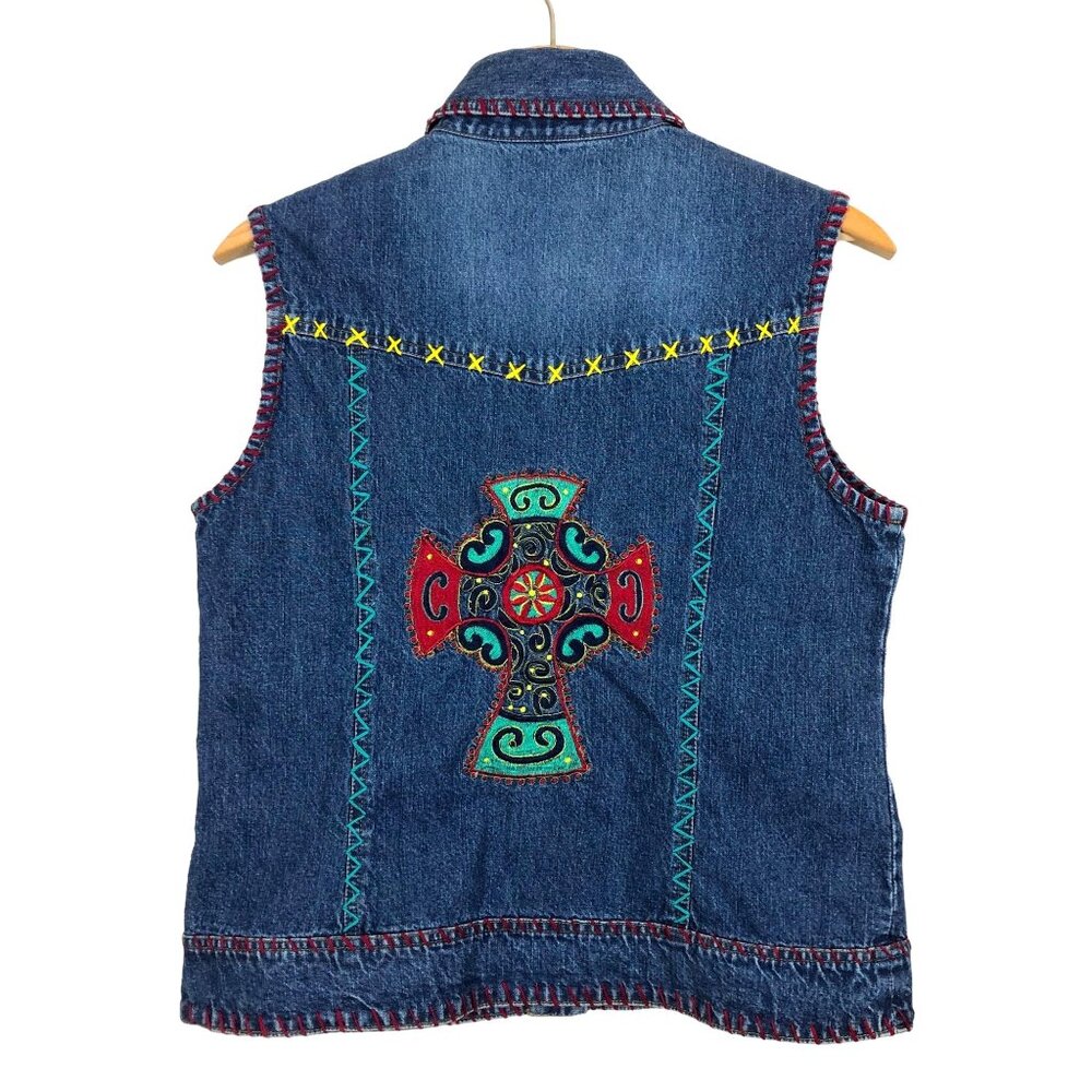 Cattlelac Ranch Denim Vest Sz Large Southwest Embroidered Appliqué Cross Blue